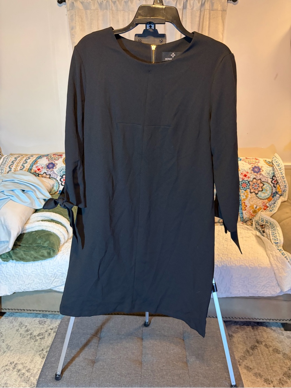 Ronni Nicole Black Long Sleeve Shift Dress with Tie Cuffs